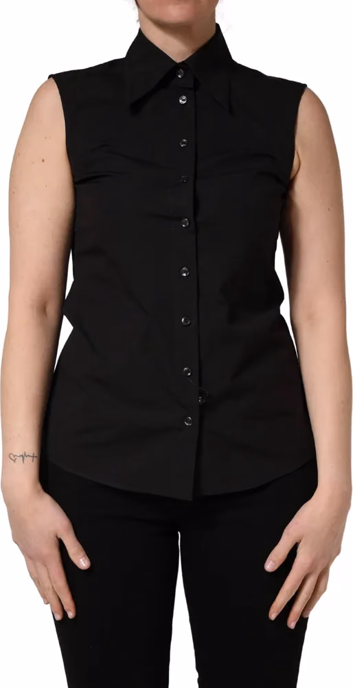 Dolce & Gabbana Black Cotton Sleeveless Collared Blouse Top