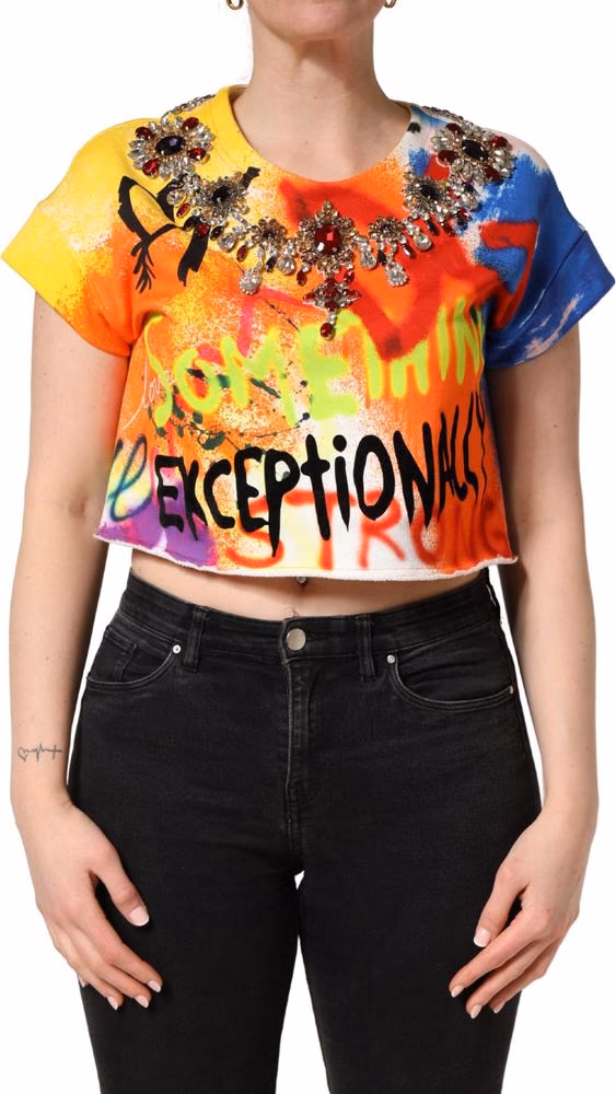 Dolce & Gabbana Multicolor Graffiti Crystals Crop Jersey Top