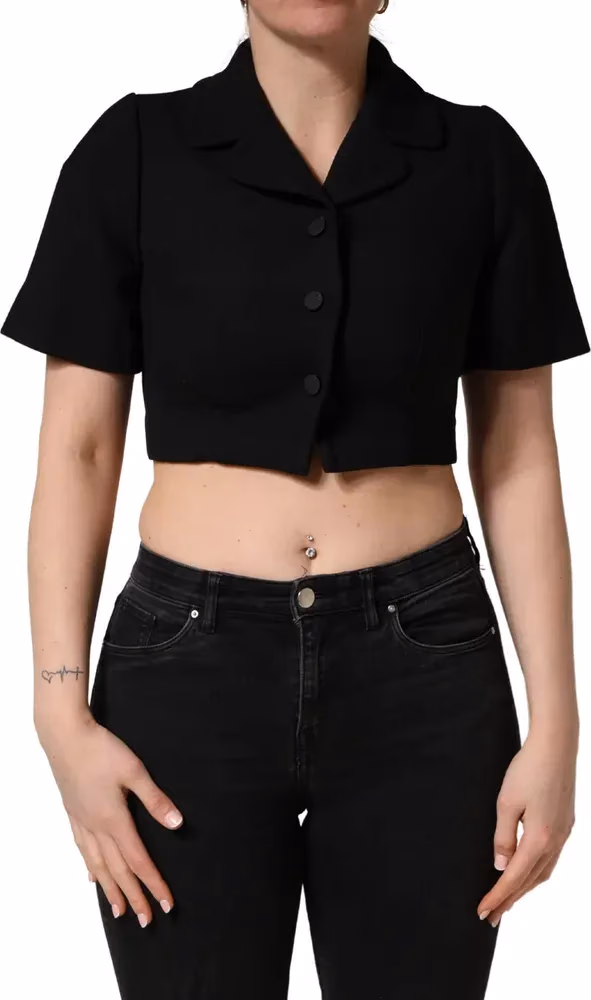 Dolce & Gabbana Black Collared Short Sleeves Cropped Blouse Top