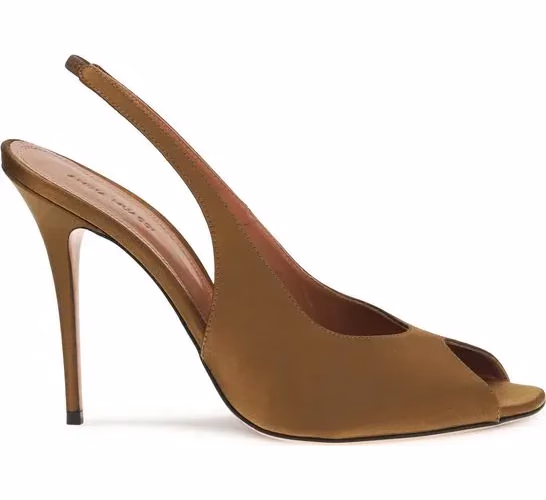 Amina Muaddi Brown Silk Stiletto Heel Sandals