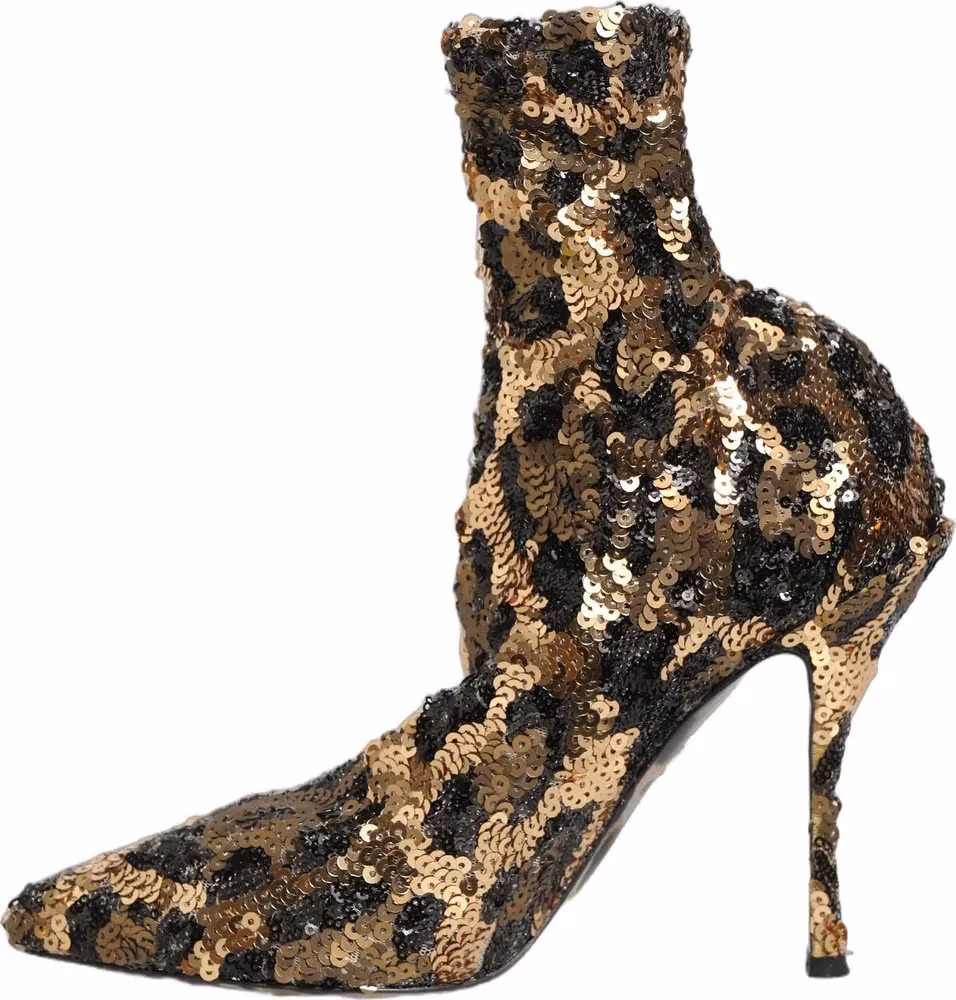 Dolce & Gabbana Gold Leopard Sequin Sock Ankle Boots Shoes