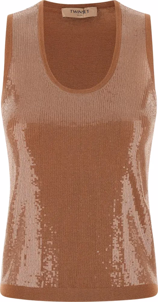 Twinset Brown Cotton Sleeveles T-Shirt
