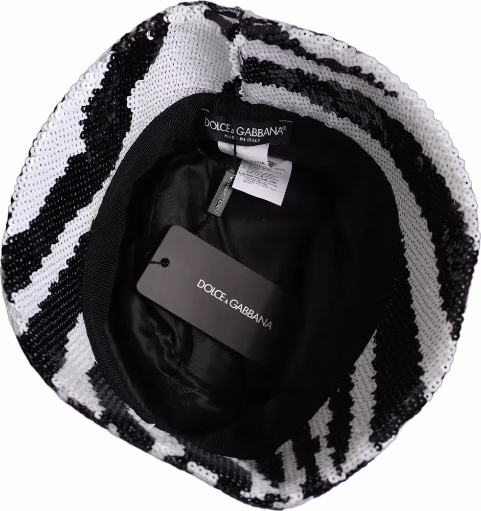 Dolce & Gabbana Men Black White Zebra Sequin Bucket Cap Hat