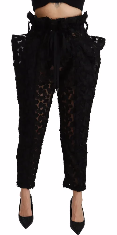 Dolce & Gabbana Black Floral Lace Tapered High Waist Pants