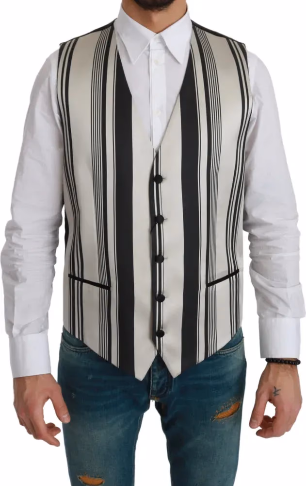 Dolce & Gabbana White Gray Black Stripes Waistcoat Formal Vest