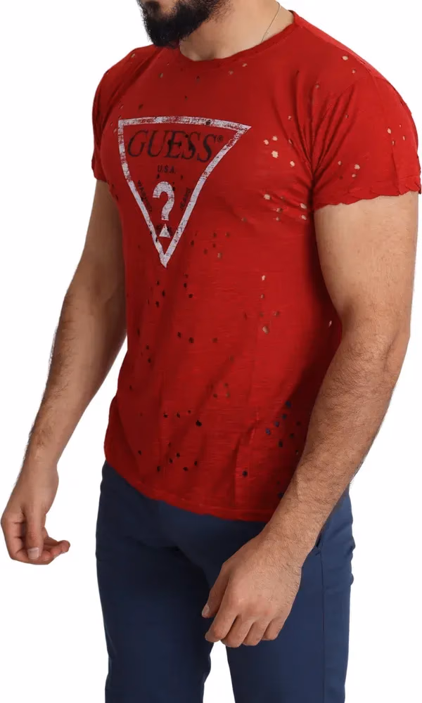 Guess Red Cotton Logo Print Men Casual Top Perforated T-shirt