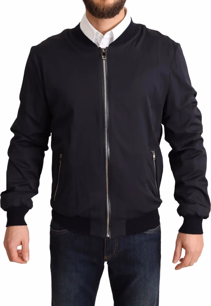 Dolce & Gabbana Blue Silk Coat Short Bomber Men Jacket