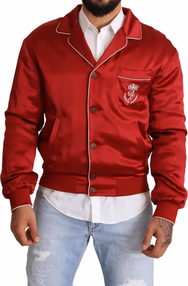 Dolce & Gabbana Red Silk Button DG Logo Bomber Jacket