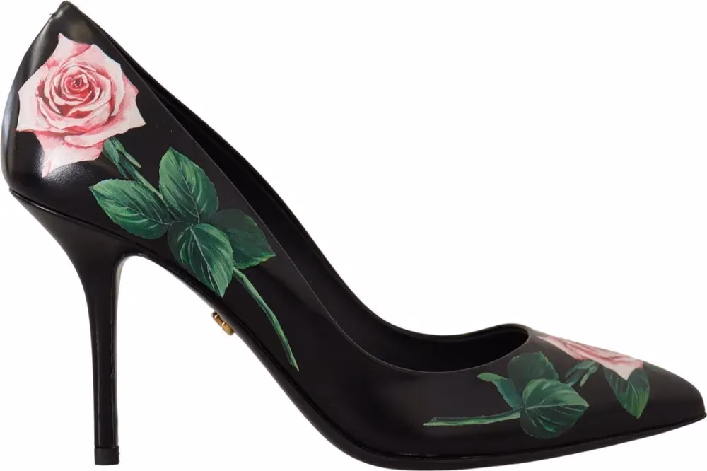 Dolce & Gabbana Black Leather Roses High Heels Pumps Shoes