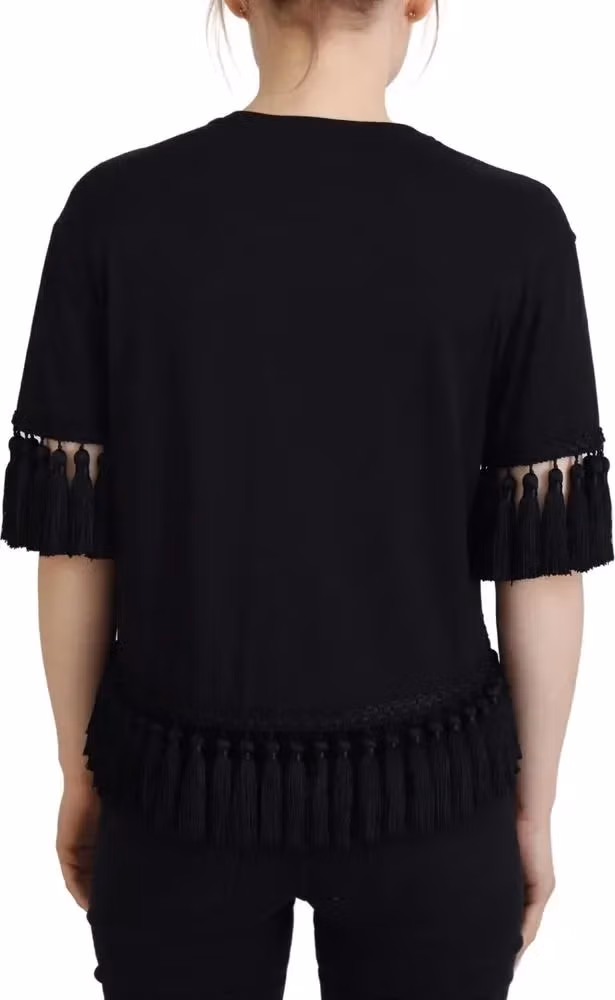 Dolce & Gabbana Black T-shirt Blouse Tassle Cotton Blouse