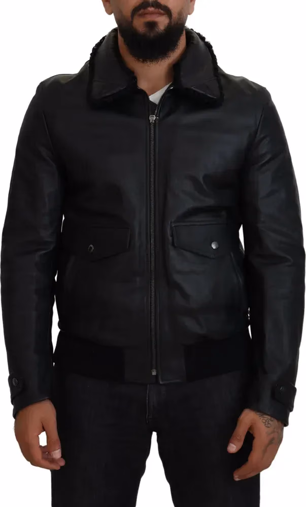 Dolce & Gabbana Black Lamb Leather Collared Men Coat Jacket