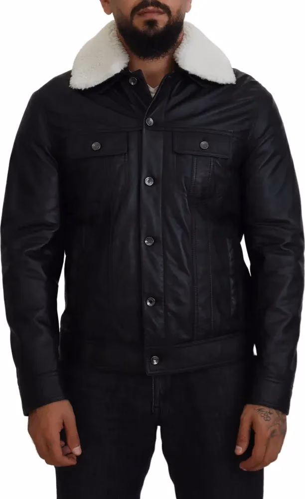 Dolce & Gabbana Black Lamb Leather Collared Men Coat Jacket