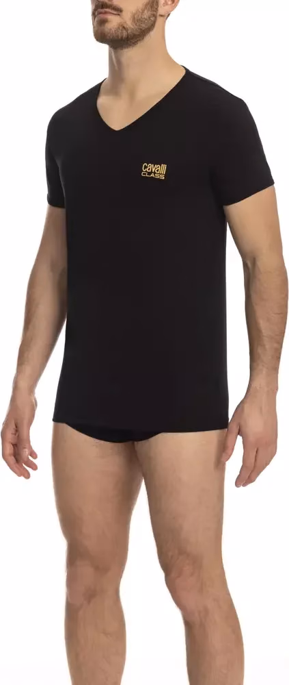 Cavalli Class Black Cotton Men's V-Neck T-Shirt
