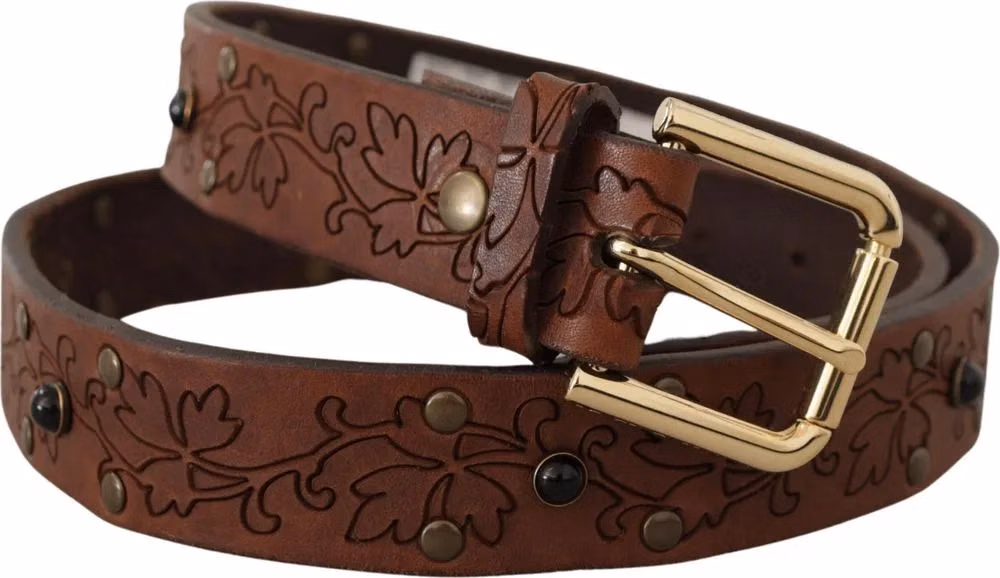 Dolce & Gabbana Brown Leather Floral Studded Metal Buckle Belt