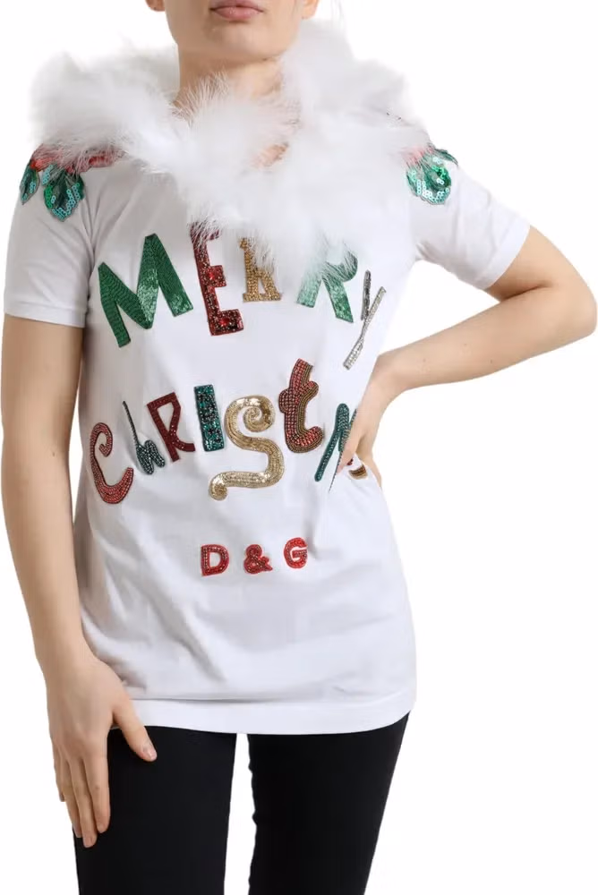 Dolce & Gabbana White Cotton Christmas Sequin Fur T-shirt