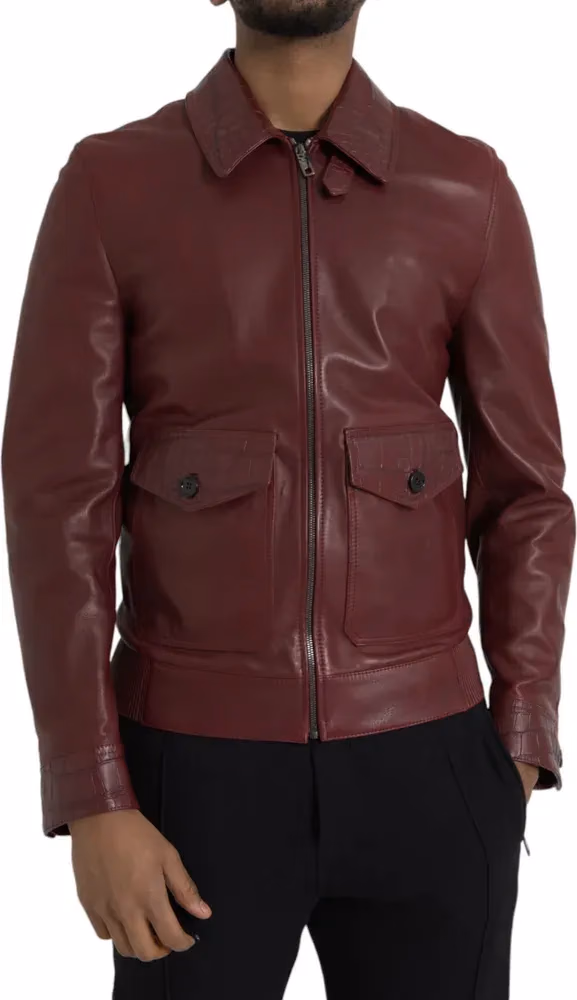 Dolce & Gabbana Maroon Exotic Leather Zip Biker Coat Jacket
