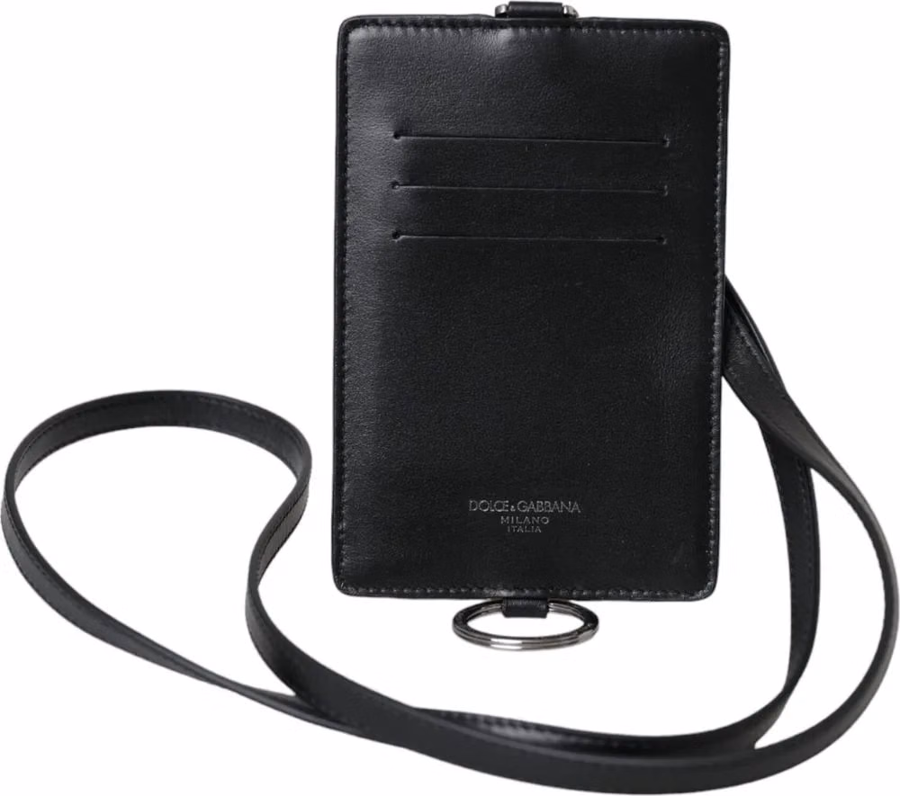 Dolce & Gabbana Black Calf Leather Lanyard Logo Card Holder Men Wallet