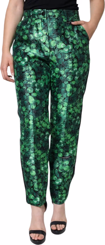 Dolce & Gabbana Green Clover Silk Satin High Waist Tapered Pants