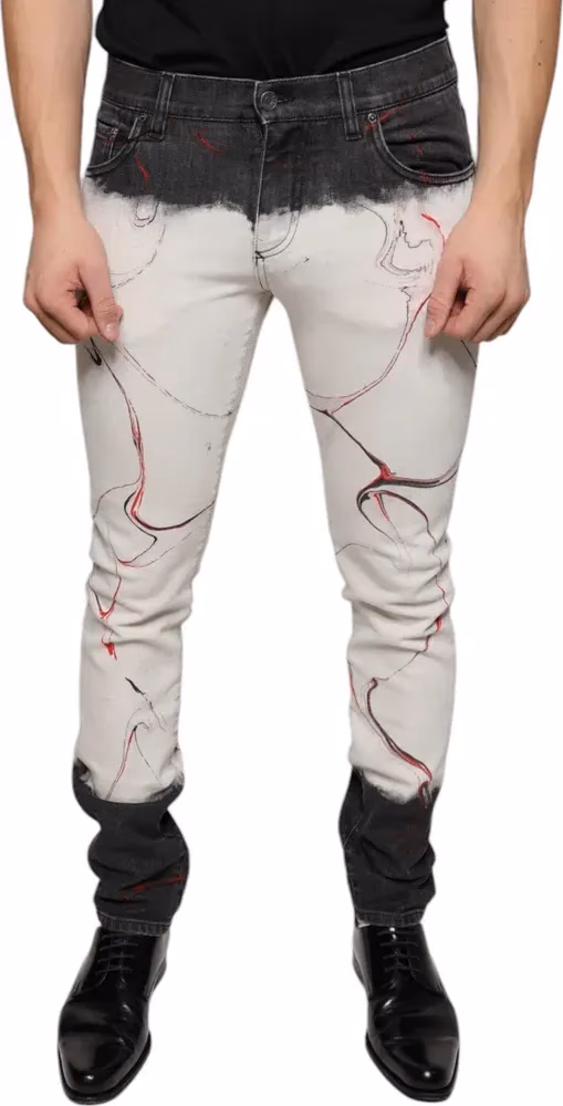 Dolce & Gabbana Black White Printed Skinny Men Denim Jeans