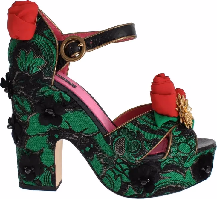 Dolce & Gabbana Green Brocade Snakeskin Roses Crystal Shoes