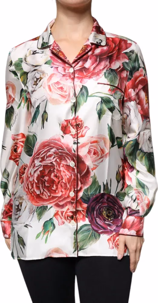 Dolce & Gabbana White Peony Silk Long Sleeves Collared Blouse Top