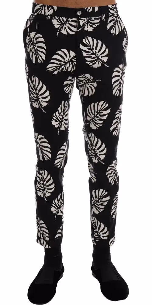 Dolce & Gabbana White Black Leaf Cotton Stretch Slim Pants