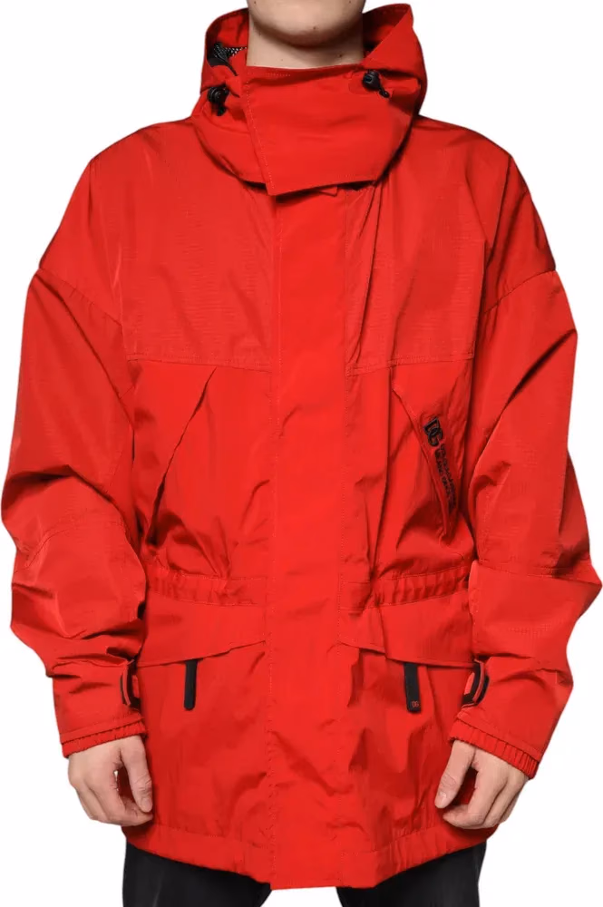 Dolce & Gabbana Red Nylon Hooded Men Full Zip Parka Jacket