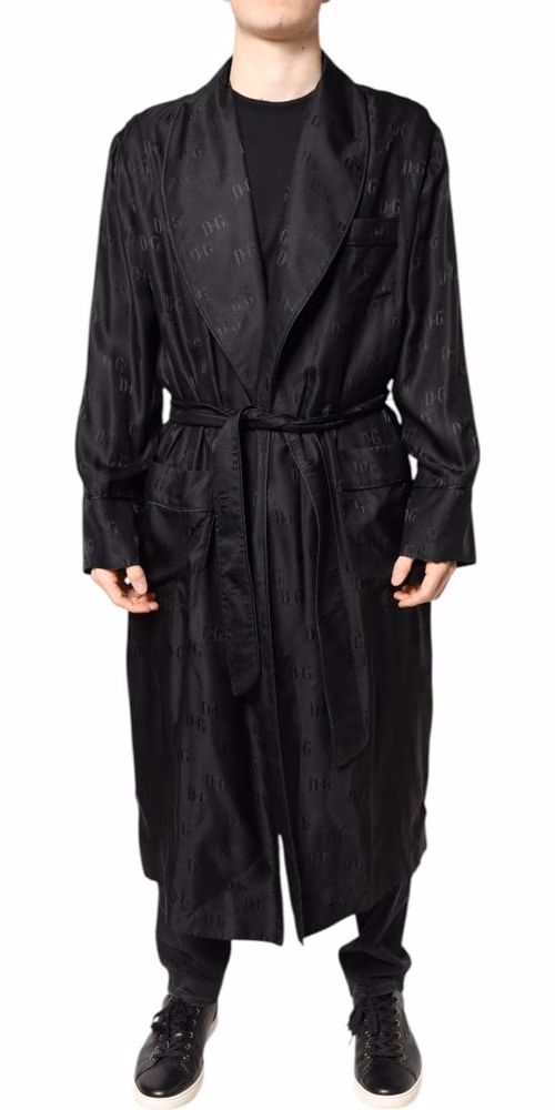 Dolce & Gabbana Black Silk DG Logo Men Wrap Robe Coat Jacket