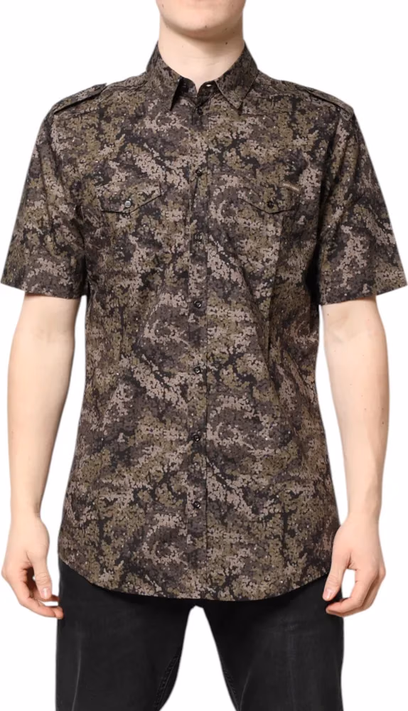 Dolce & Gabbana Multicolor Camouflage Button Down GOLD Shirt