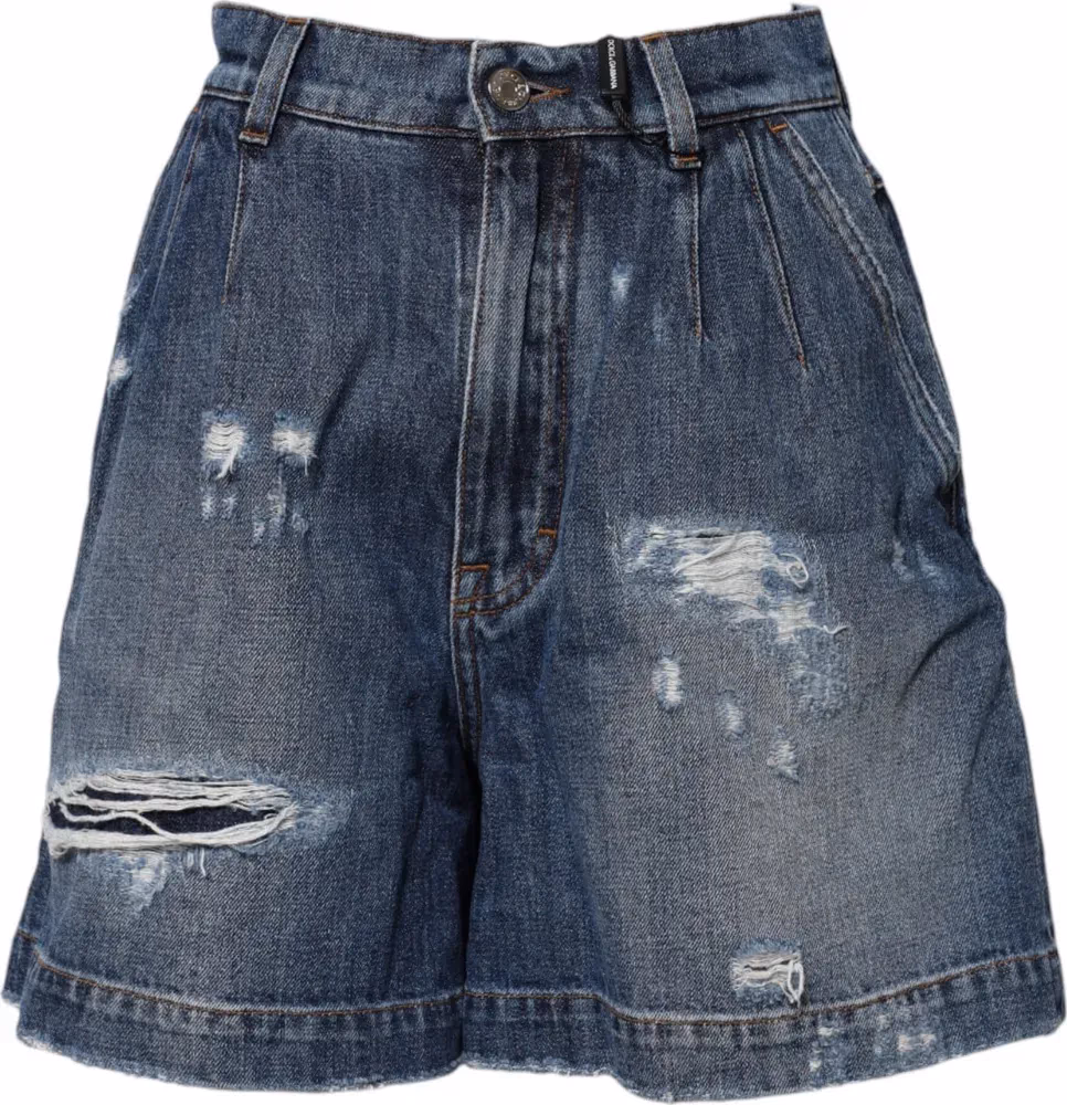 Dolce & Gabbana Blue Cotton Tattered Denim Bermuda Shorts