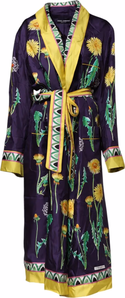 Dolce & Gabbana Blue Floral Print Silk Long Sleeves Wrap Robe