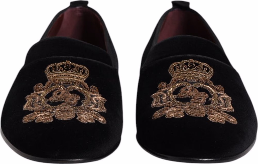 Dolce & Gabbana Black Velvet Gold Crown Mens Loafers Shoes