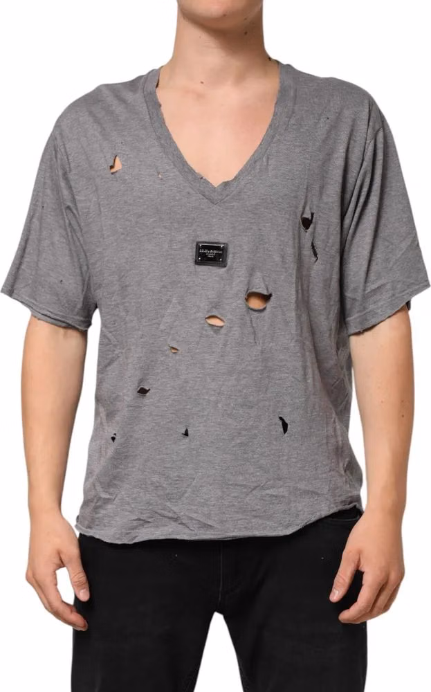 Dolce & Gabbana Gray Cotton Tattered Logo Patch Men T-shirt