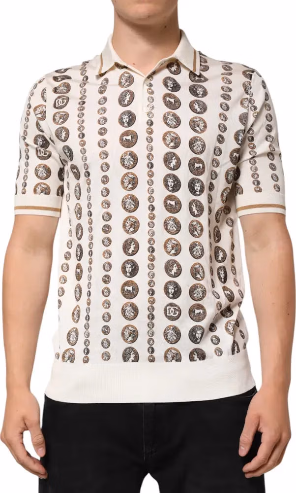 Dolce & Gabbana Silk Ivory Coin Print Logo Men Polo T-shirt