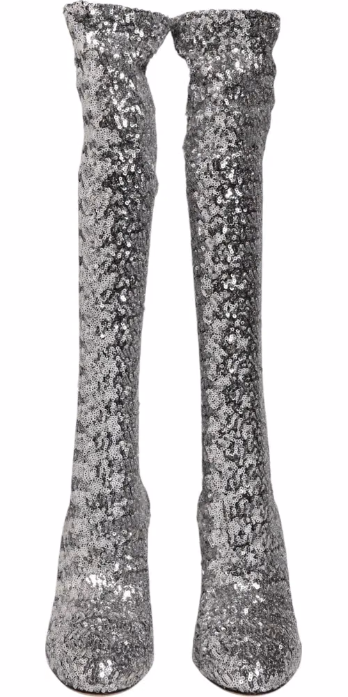 Dolce & Gabbana Shoes Silver Sequins Glitter High Heel Boot Shoes