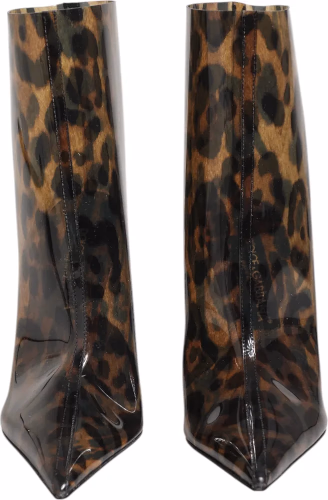 Dolce & Gabbana Leopard Print PVC Pointed Toe Boots Shoes