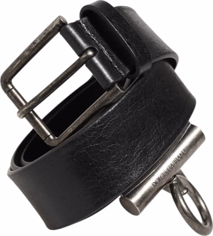 Dolce & Gabbana Black Leather Side Rings Brass Buckle Belt