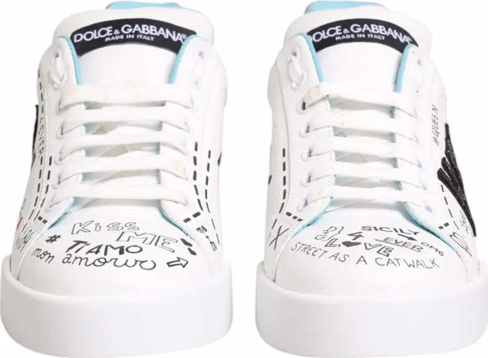 Dolce & Gabbana White Leather Graffiti Low Top Sneakers Shoes