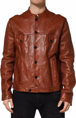 Brown Leather Button Down Men Biker Jacket